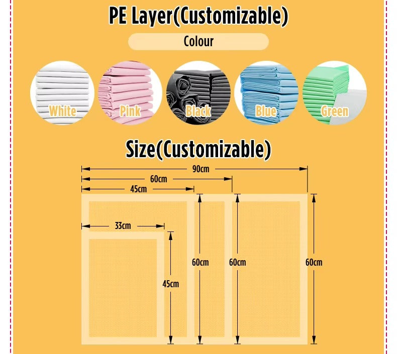 Custom OEM/ODM Disposable Puppy & Dog Training Pee Pads – Fast Absorbent, Available in Different Sizes