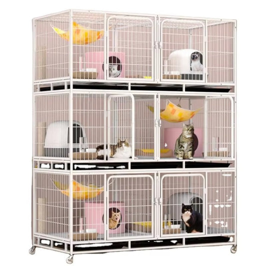 Outdoor Metal Pet Cage – 3-Layer 6-Door Cat Cage (Stainless Steel Wire, with Wheels)