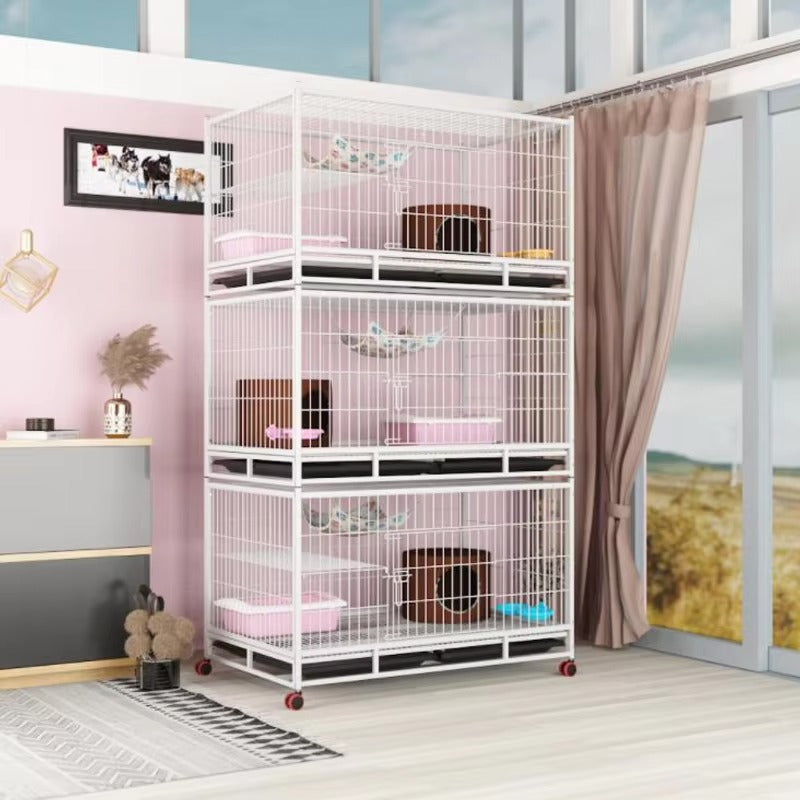 Outdoor Metal Pet Cage – 3-Layer 6-Door Cat Cage (Stainless Steel Wire, with Wheels)